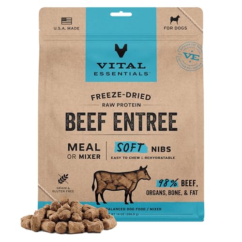 Vital Essentials Freeze Dried Dog Food, Raw Beef Soft Nibs | Complete Meal or Topper | 98% Beef, Organs & Bone | Limited I...