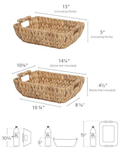 StorageWorks Hand-Woven Large Storage Baskets with Wooden Handles, Water Hyacinth Wicker Baskets for Organizing, 2-Pack