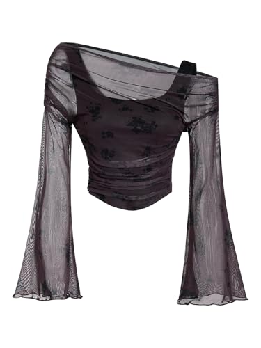 Verdusa Women's Y2k Off The Shoulder Tops Mesh Long Sleeve Crop Tops 2000s Clothing