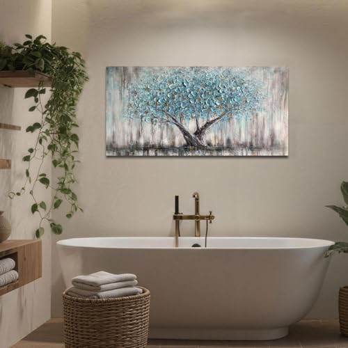 Arjun Tree of Life Wall Art Canvas for Living Room Blue Tree Nature Teal Painting, 50% Hand Painted Textured Picture Bedro...