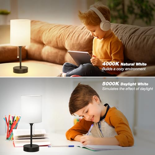 Small Bedside Table lamp for Bedroom - 3 Color Temperatures Bedside Lamps with USB C and A Ports, Pull Chain Table Lamps w...