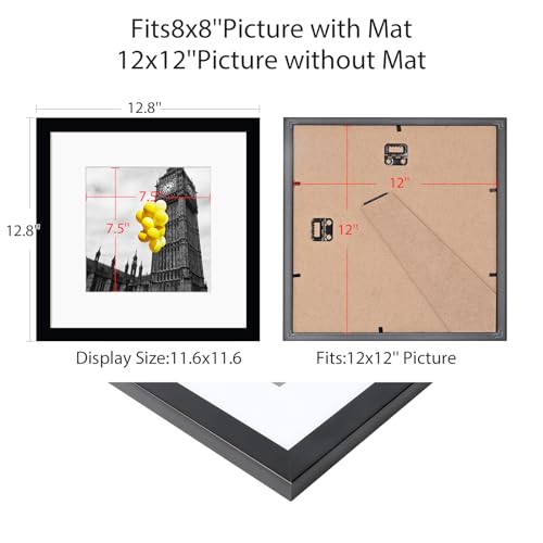 BSRHOME 12x12 Picture Frame Set of 9, Display Pictures 8x8 with Mat or 12x12 without Mat, Multi Collage Gallery Square Pho...