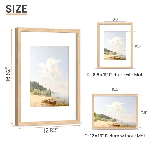 upsimples 12x16 Frame, Natural Solid Wood Picture Frames, Display 8.5x11 with Mat or 12 x 16 Without, Vertical & Horizonta...