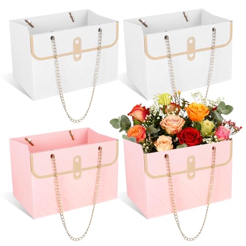 4 Pcs Flower Paper Gift Box Bouquet Storage Bucket, Flower Boxes Wedding Florist Handbag with Metal Chain, Floral Craft Wr...