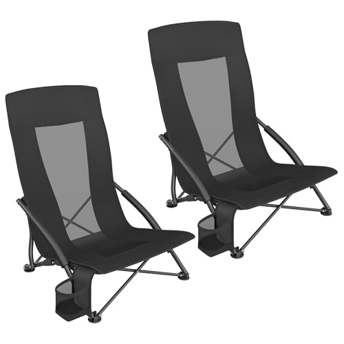 SONGMICS Set of 2 Portable Beach Chairs for Adults, Max. Load 330 lb Each, High Backrest, Cup Holder, Lightweight, Heavy-D...