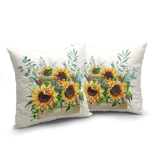 Kwlegh Sunflower Pillow Covers Spring Summer Floral Throw Pillow Covers Set of 2 Sunflowers with Eucalyptus Leaves Farmhou...