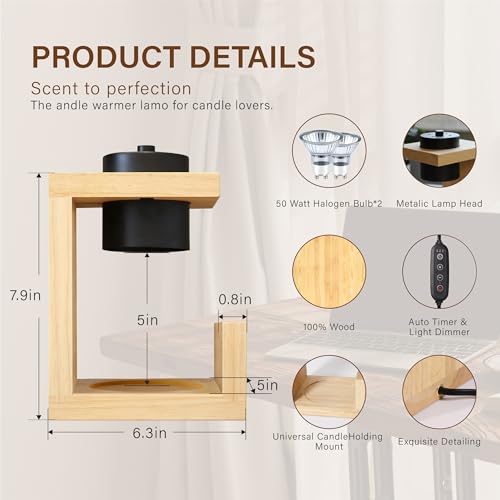 AIKUT Candle Warmer Lamp, with 2 Bulbs,Timer & Dimmer,Simple Natural Wood,Compatible Up to 4.5 inch Candles,for Home Scent...