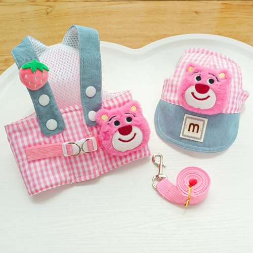 Layheld Cat Puppy Costume Sun Hat Leash Vest Harness 3pcs Set Cute Plaid Pattern Cartoon Plush Decor Pet Accessories for C...