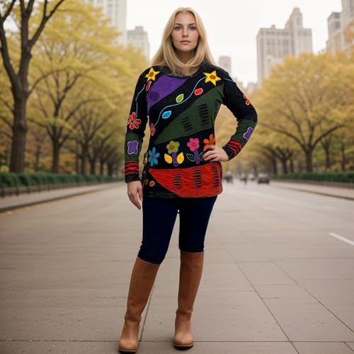Agan Traders 2026 Summer Bohemian Tops for Women - Rib Knit Cotton Funky Patch Retro Hand Women's Embroidered Blouses