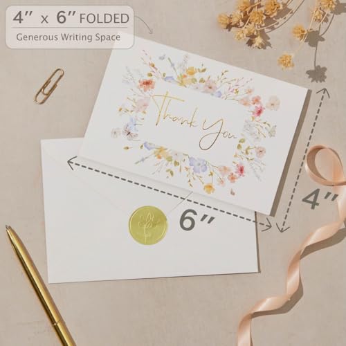 100 Floral Thank You Cards With Envelopes & Stickers - Pretty Wildflower & Gold Foil Assorted Greeting Notes pack for Wedd...