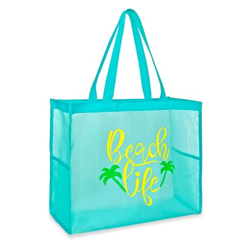 Scimdbg Large Beach Tote Bags With Funny Beach Phrases,Sandproof Foldable Mesh Bag For Poolside,Travel,Swimming | bright c...