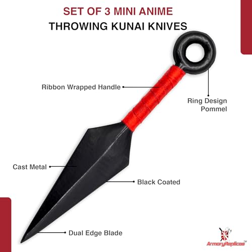 Armory Replicas™ Set of 3 Mini Decorative Kunai with Pouch – 5.25 Inch Cosplay Prop Knives for Display & Collection