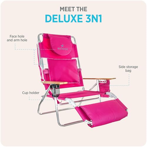 Ostrich the Deluxe 3N1 Lightweight Lawn Beach Reclining Lounge Chair with Footrest, Outdoor Furniture for Patio, Balcony, ...