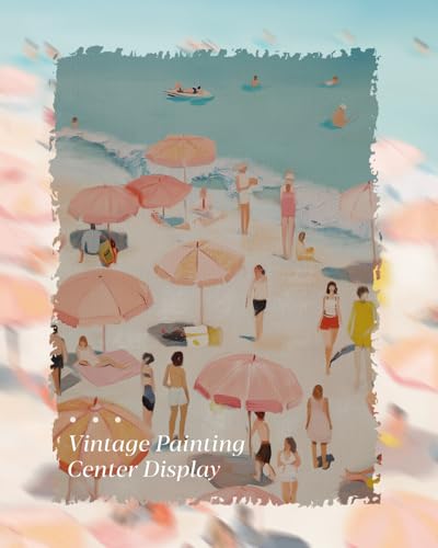 HUARCEY Colorful Seaside Vacation Vibes 12x16 Framed Canvas Wall Art, Retro People and Pink Umbrellas Summer Coastal Prin...