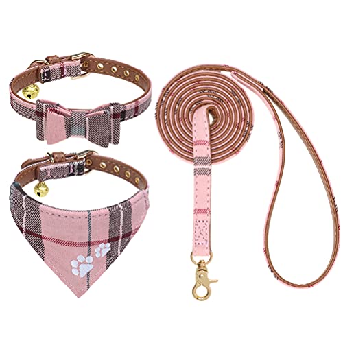 EXPAWLORER Puppy Collar and Leash Set - Embroidery Pawprints Plaid Dog Collar and Dog Leash Set, Bow Tie and Bandana Dog C...