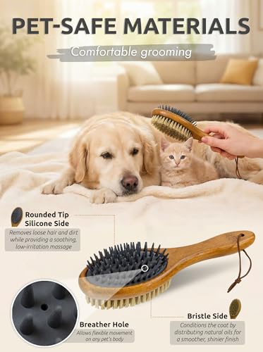 TAKAVU Short Hair Dog & Cat Deshedding Brush - Double Sided Grooming Tool with Silicone Massage & Bristle Sides - Removes ...