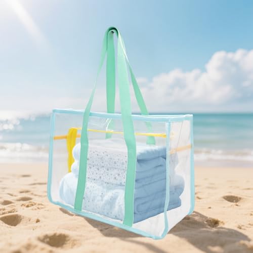 FEHNAG Clear Beach Bag for Women,Waterproof,Sandproof,Large Transparent PVC Tote Bag for Stadium Events Beach Travel Gym Pool