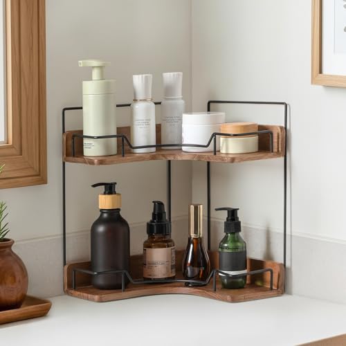 Snuvid 2-Tier Bathroom Counter Organizer, Wooden Corner Shelf for Vanity Countertop Skincare & Makeup, Storage and Organiz...