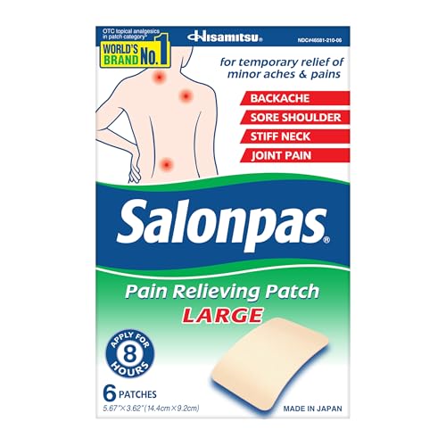 Salonpas Pain Relieving Patch, Large, 6 Count, for Back, Neck, Shoulder, Knee Pain and Muscle Soreness, 8 Hour Pain Relief