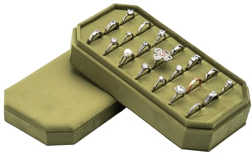 COWFEX Velvet Ring Organizer Display Tray Jewelry Box Earring Holder Case for Wedding Birthday Christmas Day (Olive Green)