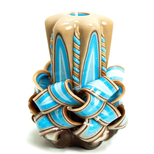Carved Candle Artisan Handmade Decorative Dipped Candle 5 inch Blue Brown Fall Thanksgiving New Year Christmas Holiday Sea...