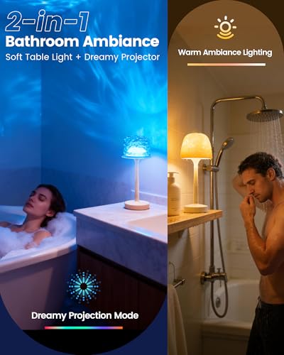 Waterproof Bathroom Shower Lamp with Ocean Wave Projector, 2-in-1 Table Night Light, 16 RGB Colors, 3 White Modes, 5000mAh...