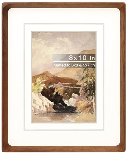 Gdfmsc 8x10 Picture Frame with Mat for 5x7/6x8, Natural Walnut Wood Handcrafted Rounded Corner with Real Glass, Vertical o...
