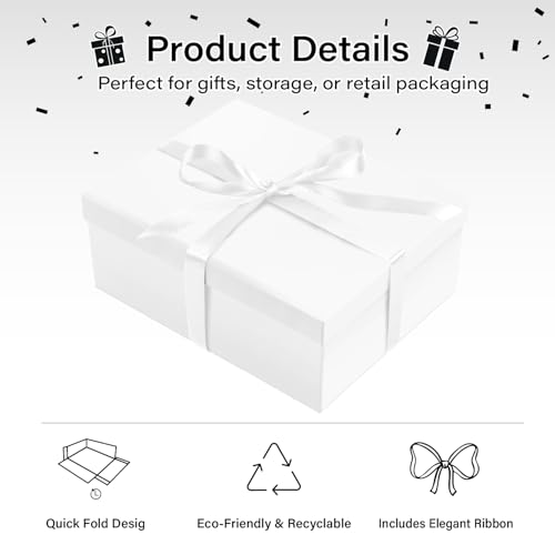ysmile White Gift Box with Lid for Present Large Collapsible Gift Box with Filler Paper Ribbon for Birthday Anniversary 1...