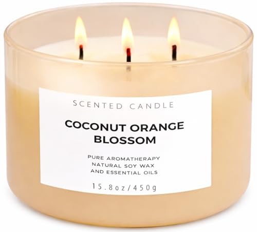 Coconut Orange Blossom Scented Candle - Large 3-Wick Aromatherapy Soy Candle, 15.8 oz - Highly Scented, Clean Burning, Lon...
