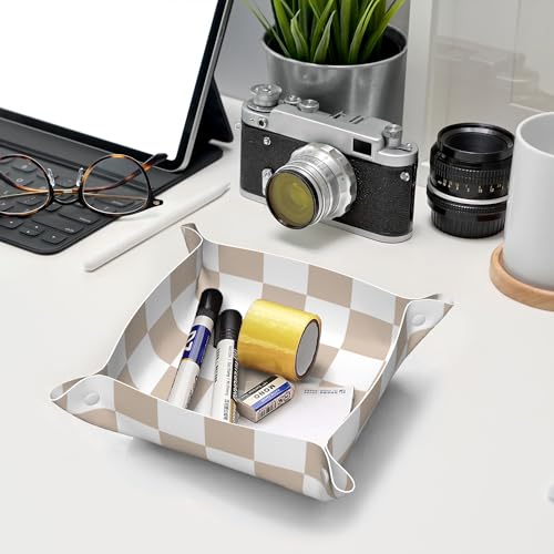Checkered Jewelry Tray, PU Leather Cute Aesthetic Checkered Room Decor Preppy Accessories for Teen Girls Women, 8 Inches