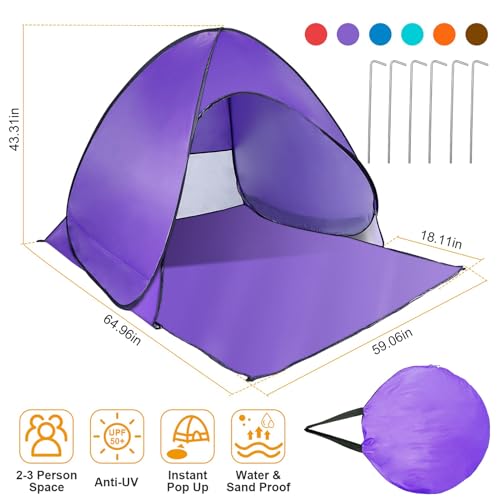 Beach Tent, UPF 50+ UV Protection Beach Tent for 2-3 Person, Portable Automatic Instant Pop Up Tent, Sun Shelter Canopy Ea...