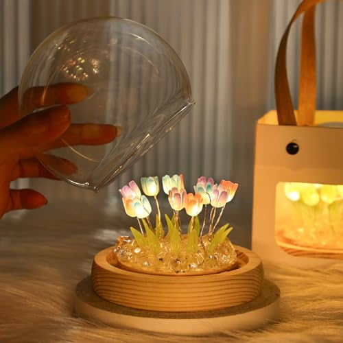 ONXE White Elephant Christmas Gifts for Adults Teens,Tulips Night Light Small Glass Flower Lamp for Home Decor Romantic Bi...