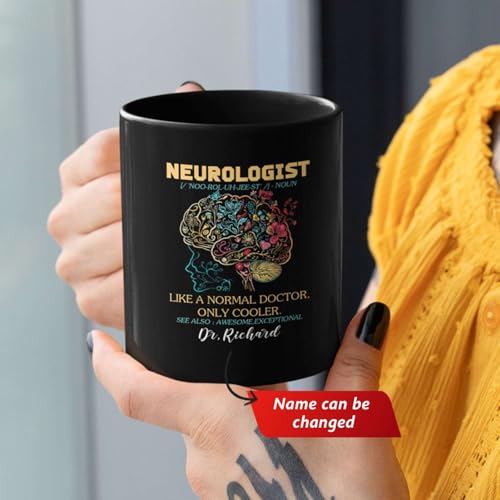 Custom Name Neurologist Definition Mug 11oz 15oz, Personalized Floral Brain Black Cup, Gift For Doctors, Customized Neuros...
