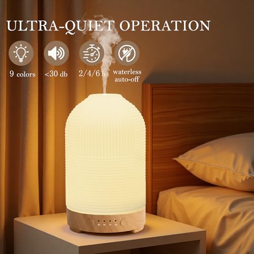 200ml Ultrasonic Essential Oil Diffuser,Aromatherapy Diffuser with 9 Color,2h/4h/6h Time,Ceramic Diffuser Oil Machine,Auto...