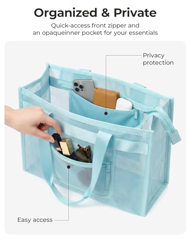 BAGSMART Mesh Beach Bag with Zipper Pocket, Large Beach Tote Bags for Women | for 40 oz Bottle, Removable Ribbon Bow, Sand...