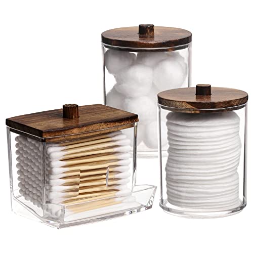 Tbestmax Qtips Holder Bathroom Container, 10 OZ Cotton Ball/Swabs Dispenser, Apothecary Jar Organizer for Storage Brown Wo...