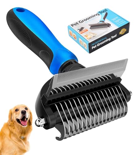 [ 2 in 1 design ] Undercoat Rake and Deshedding Tool for Dogs and Cats - Dematting Comb for Long Hair Pets, Grooming Brush...