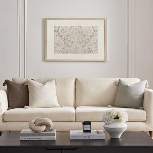 Meekio Set of 2 Linen Beige Pillow Covers 18x18 with Tassels, Linen Look Decorative Throw Cushion Covers for Sofa Couch, F...