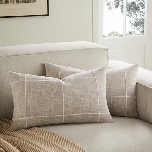 YZJZEDS 2 Packs Grid Embroidery Lumbar Throw Pillow Covers, 12x20 Inch Taupe, Farmhouse Linen Decorative Light Brown Cushi...