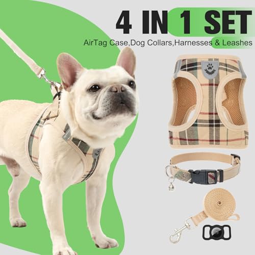 EXPAWLORER Plaid Small Dog Harness and Leash Set with AirTag Holder - No Pull Soft Padded Step in Dog Vest Harness Medium ...