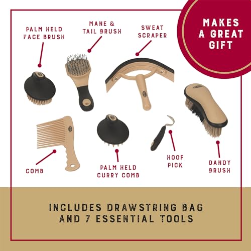 Weaver Equine Horse Grooming Kit, 7-Piece Horse Brush Set with Organizer Tote Bag, Hoof Pick, Comb, Sweat Scraper, Equine ...