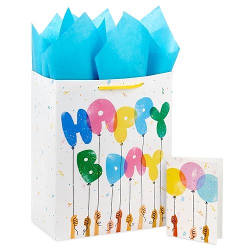 Hallmark 13" Large Gift Bag with Tissue Paper and Card (Happy Bday Balloons) for Kids, Grandchildren, Friend, Coworkers