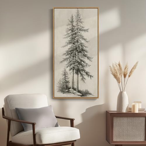 Framed Vertical Vintage Sketch Tree Living Room Wall Art, Large Black Beige Rustic Pine Artwork for Walls, Classic Antique...