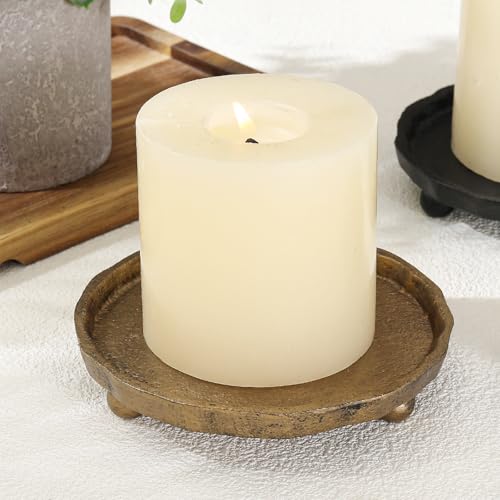 Vintage Cast Iron Pillar Candle Holder Plate, Rustic Brass Candle Tray – Round Candle Base Stand for Small Pillar Candles,...