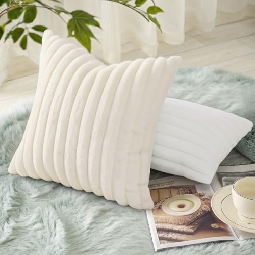 decorUhome Summer Cozy Faux Fur Throw Pillow Covers 18x18 Set of 2 Decorative Soft Plush Striped Modern Farmhouse Boho Cou...