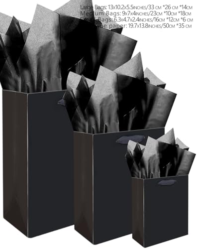 qiqee Black Gift Bags with Tissue Paper Mulit Assorted Sizes 24PCS Present Party Favor Birthday Bags(4pcs Large 13", 10pcs...