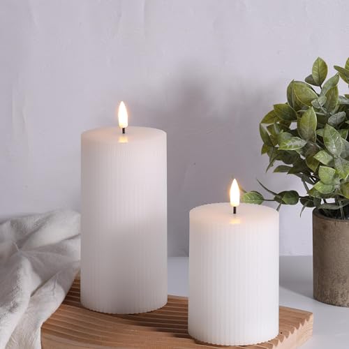 Girimax White Ribbed Flameless Pillar Candles with Remote, Flickering LED Wax Candles Battery Operated Set of 2