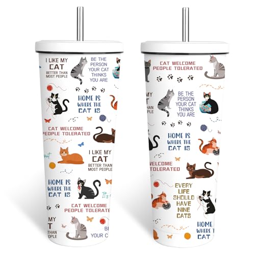 FAIVHSO Cat Gifts for Women, 24 oz Insulated Tumbler with Lid and Straw, Stainless Steel Water Bottle, Coffee Cups Travel ...