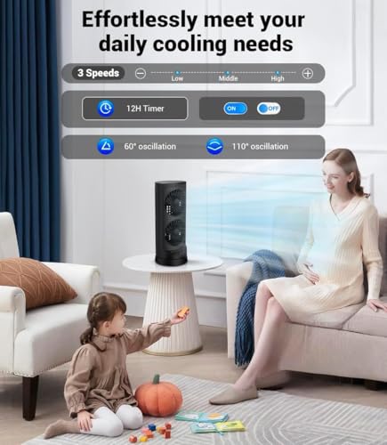 Personal Tower Cooling Fans that Blow Cold Air, Standing Small Desk Fan with 3 Speeds & Timer, 60° & 110° Oscillating Tabl...