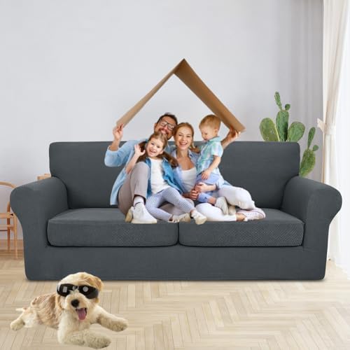 JIVINER 3 Pieces Couch Covers for 2 Cushion Couch Stretch Sofa Cover with 2 Extra Large Seat Cushion Covers Thick Fitted L...
